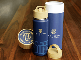 THE HONEST WATCH DEALER BLUE AND GOLD STAINLESS STEEL DRINKS CONTAINER WITH BOX