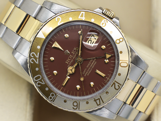 ROLEX GMT-MASTER ROOT BEER 1675 18ct YELLOW GOLD/STEEL NIPPLE DIAL WARRANTY 1980 UK B&P