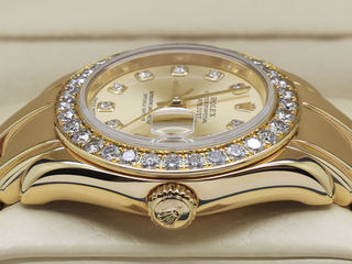 LADIES ROLEX PEARLMASTER 29mm 80318 18CT YELLOW GOLD FACTORY DIAMOND DIAL/DIAMOND BEZEL WARRANTY 2003 UK B&P