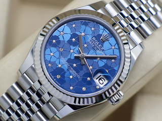 LADIES ROLEX DATEJUST MIDSIZE 31mm 278274 STEEL AZZURRO 'FLORAL' MOTIF DIAMOND DIAL UNWORN 2024 UK B&P