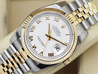 ROLEX DATEJUST 36mm 116233 YELLOW GOLD STAINLESS STEEL WHITE ROMAN NUMERAL DIAL WARRANTY STICKERS 2015 B&P