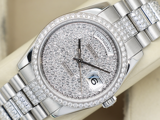ROLEX DAY-DATE 36mm PLATINUM 118346 FACTORY DIAMOND PAVE DIAL / FACTORY SET DIAMOND BEZEL & BRACELET WARRANTY 2008 UK B&P