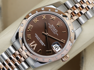 LADIES ROLEX DATEJUST MIDSIZE 31mm 178341 ROSE GOLD/STEEL CHOCOLATE DIAMOND DIAL/DIAMOND BEZEL WARRANTY 2013 B&P