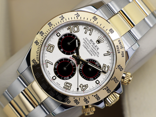 GENTS ROLEX DAYTONA 18ct GOLD/STEEL 116523 WHITE ARABIC RACING DIAL WARRANTY 2015 B&P