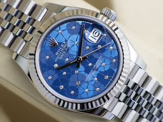 LADIES ROLEX DATEJUST MIDSIZE 31mm 278274 STEEL AZZURRO 'FLORAL' MOTIF DIAMOND DIAL UNWORN 2024 UK B&P