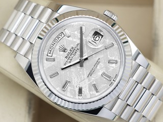 ROLEX DAY-DATE 40mm PLATINUM 228236 METEORITE DIAMOND BAGUETTE DIAL WARRANTY 2024 UK B&P