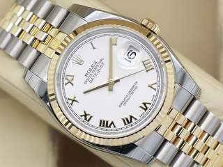 ROLEX DATEJUST 36mm 116233 YELLOW GOLD STAINLESS STEEL WHITE ROMAN NUMERAL DIAL WARRANTY STICKERS 2015 B&P