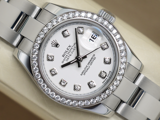 LADIES ROLEX DATEJUST 26mm 179384 STAINLESS STEEL FACTORY DIAMOND DIAL/DIAMOND BEZEL WARRANTY 2015 UK B&P