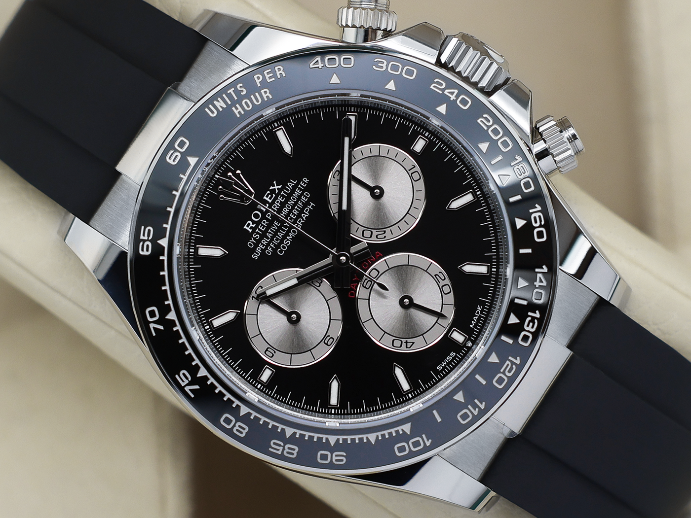 GENTS ROLEX GENTS ROLEX DAYTONA 18ct WHITE GOLD OYSTERFLEX BLACK DIAL 126519LN WARRANTY 2025 UK B&P