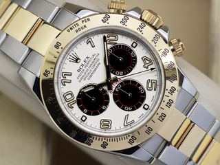 GENTS ROLEX DAYTONA 18ct GOLD/STEEL 116523 WHITE ARABIC RACING DIAL WARRANTY 2015 B&P