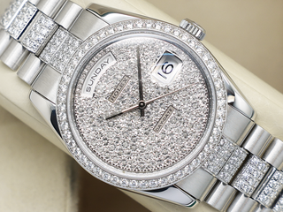 ROLEX DAY-DATE 36mm PLATINUM 118346 FACTORY DIAMOND PAVE DIAL / FACTORY SET DIAMOND BEZEL & BRACELET WARRANTY 2008 UK B&P