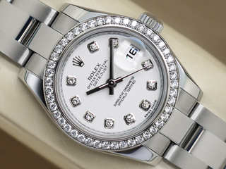 LADIES ROLEX DATEJUST 26mm 179384 STAINLESS STEEL FACTORY DIAMOND DIAL/DIAMOND BEZEL WARRANTY 2015 UK B&P