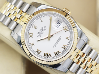 ROLEX DATEJUST 36mm 116233 YELLOW GOLD STAINLESS STEEL WHITE ROMAN NUMERAL DIAL WARRANTY STICKERS 2015 B&P