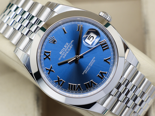 GENTS ROLEX DATEJUST 41mm 126300 STAINLESS STEEL BLUE AZZURRO ROMAN NUMERAL DIAL UNWORN STICKERS 2025 UK B&P