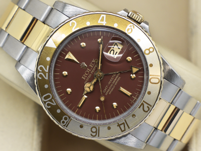 ROLEX GMT-MASTER ROOT BEER 1675 18ct YELLOW GOLD/STEEL NIPPLE DIAL WARRANTY 1980 UK B&P